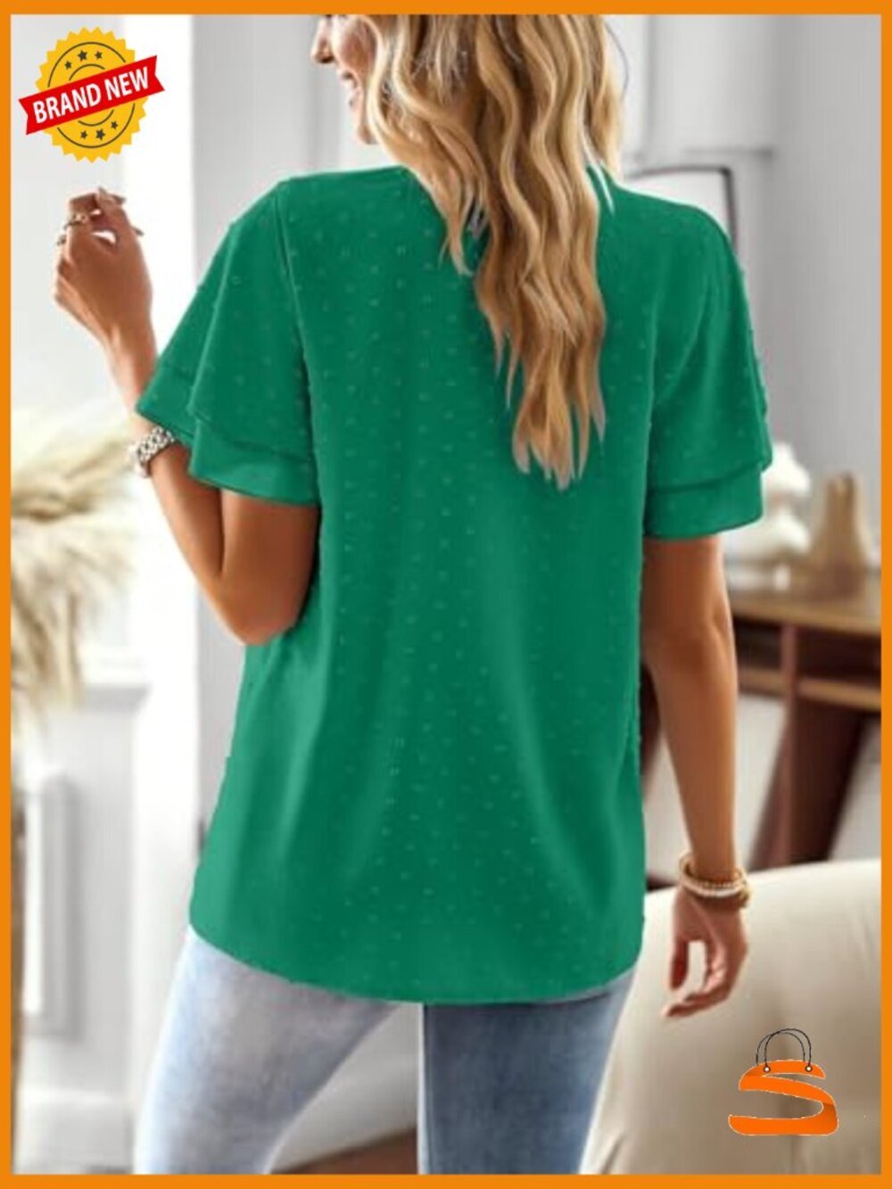 Butterfly Sleeve V Neck Swiss Dot Blouse - Dressy Casual Flowy Top - Picture 3 of 7